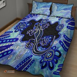 Australia Quilt Bed Set Aussie Opal Pattern With Lizard Aboriginal Art Turquoise