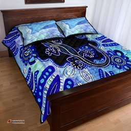 Australia Quilt Bed Set Aussie Opal Pattern With Lizard Aboriginal Art Turquoise