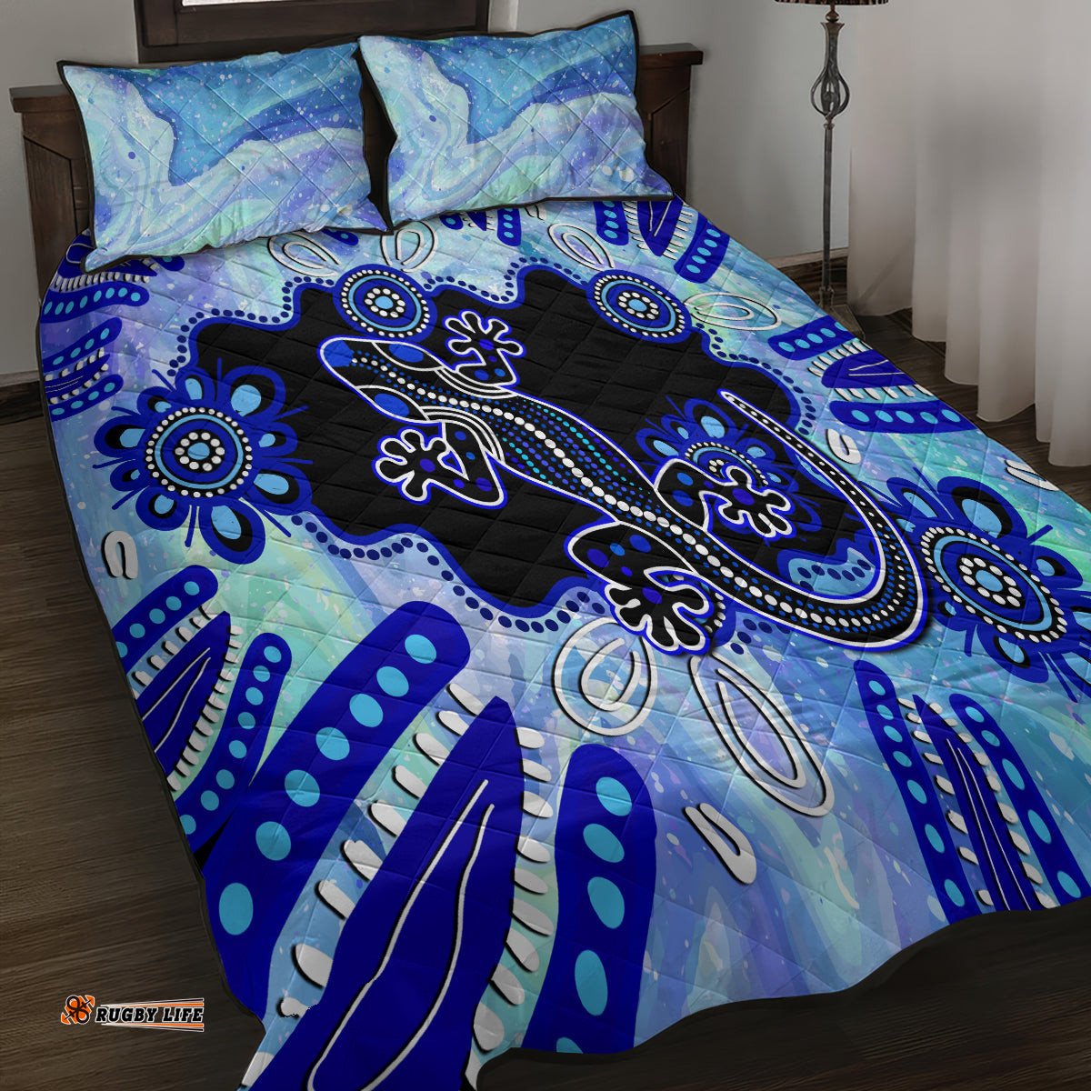 Australia Quilt Bed Set Aussie Opal Pattern With Lizard Aboriginal Art Turquoise