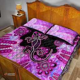 Australia Quilt Bed Set Aussie Opal Pattern With Lizard Aboriginal Art Pink