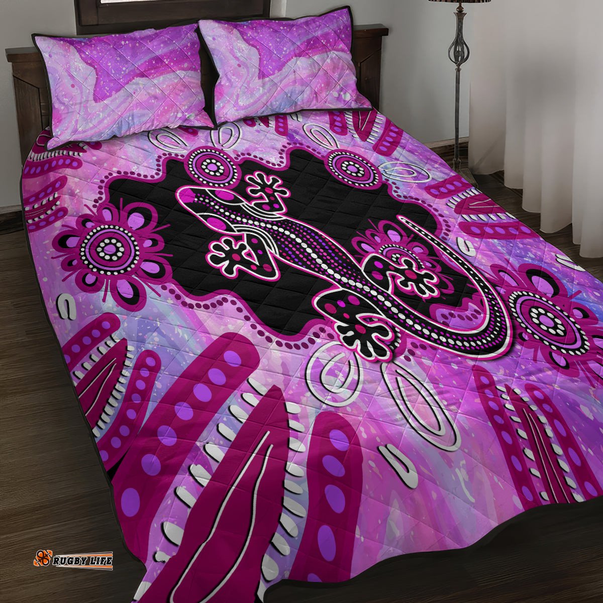 Australia Quilt Bed Set Aussie Opal Pattern With Lizard Aboriginal Art Pink