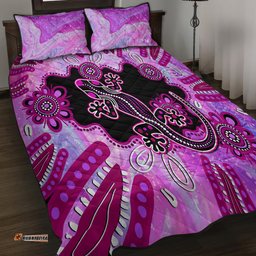 Australia Quilt Bed Set Aussie Opal Pattern With Lizard Aboriginal Art Pink
