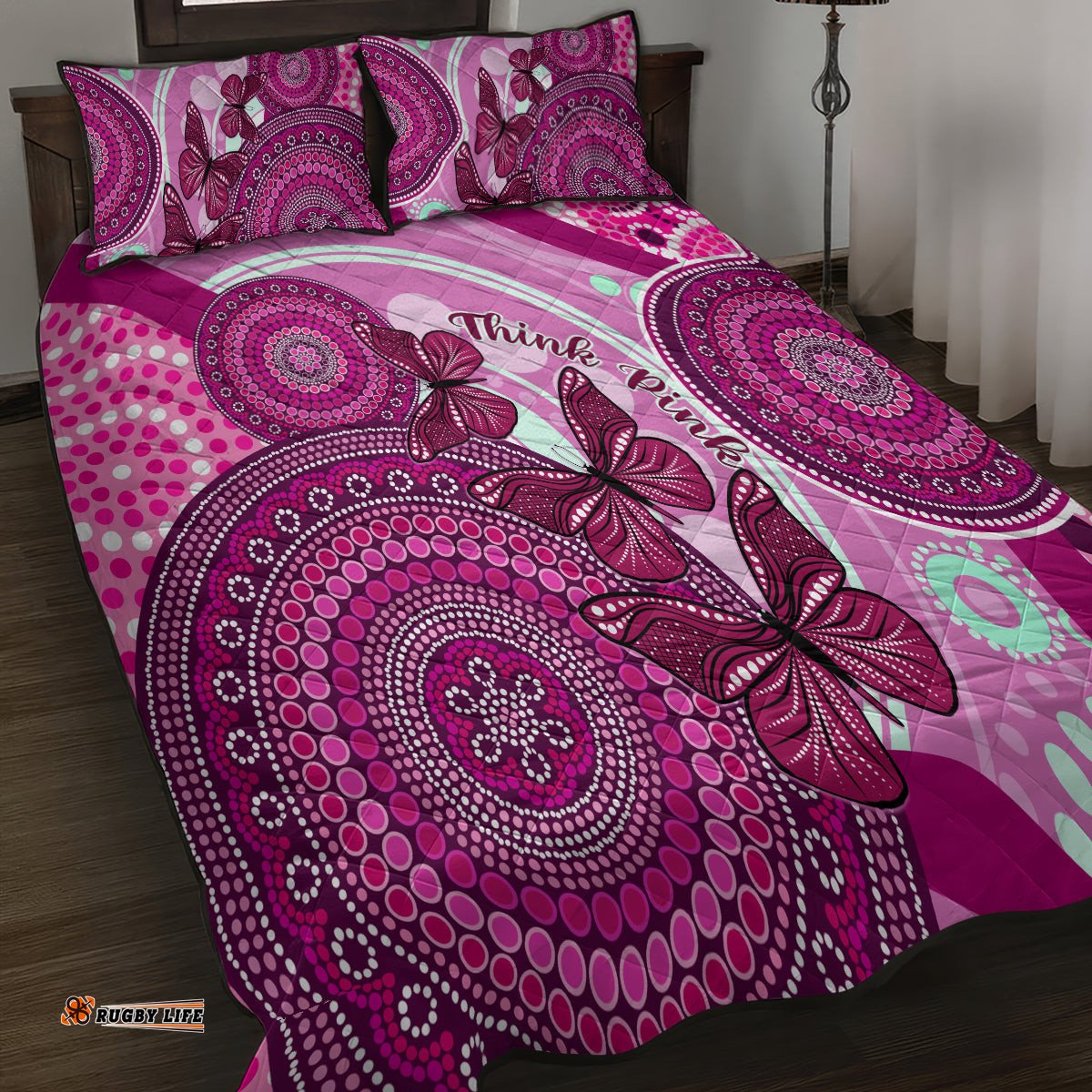 Australia Breast Cancer Quilt Bed Set Indigenous Butterfly No One Fights Alone