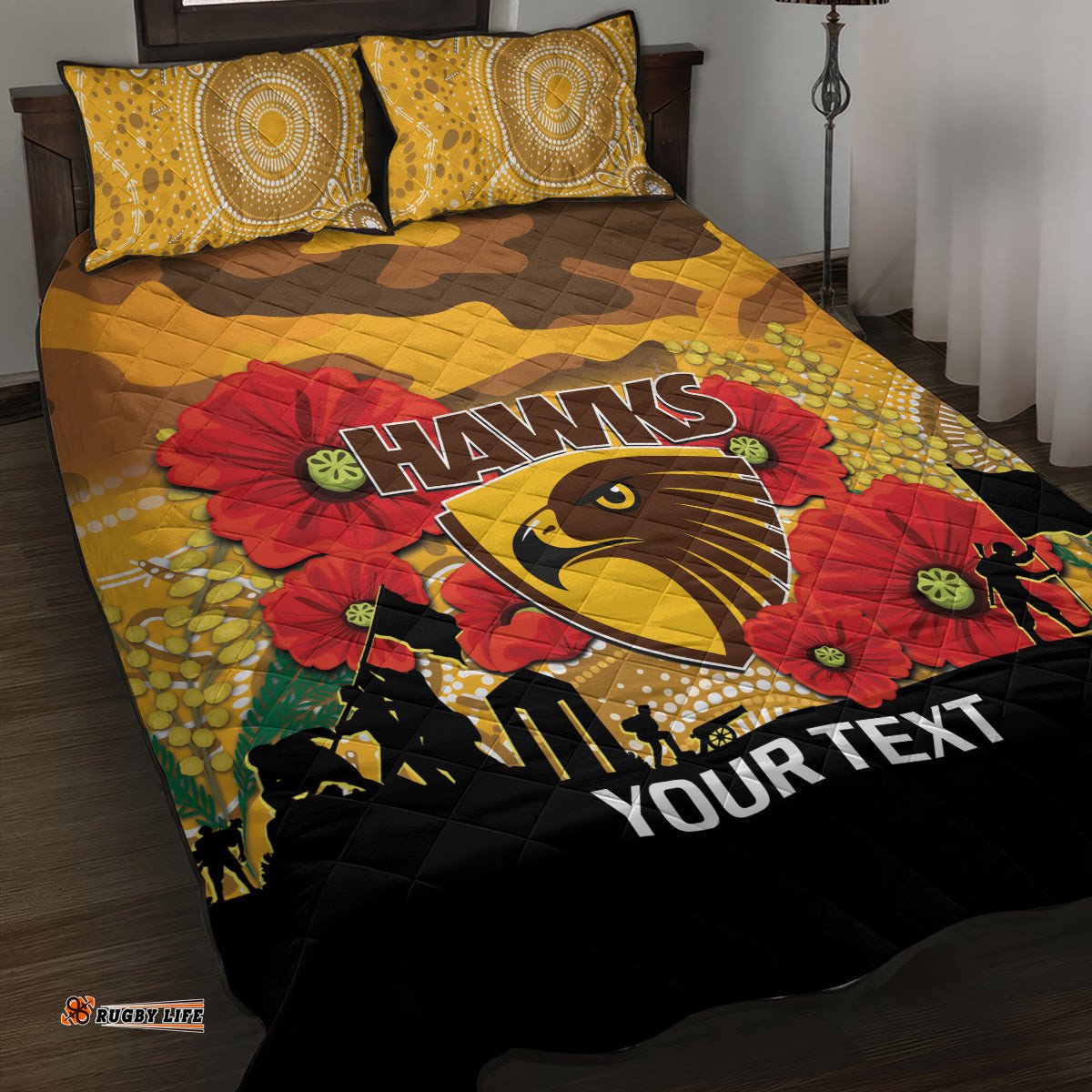 Custom Hawks Football ANZAC Quilt Bed Set Gallipoli Camouflage With Poppies
