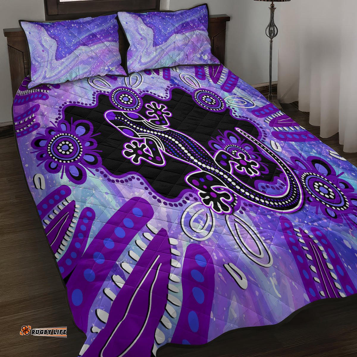 Australia Opal Quilt Bed Set Aussie Lizard With Aboriginal Art Purple