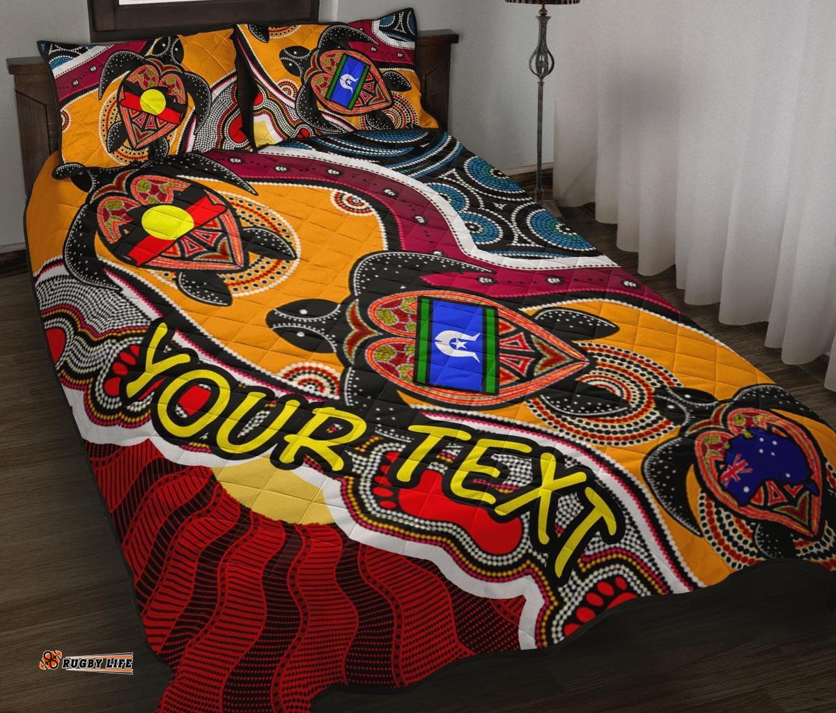 Custom Aboriginal Quilt Bed Set Indigenous Dots Pattern With Turtle and NAIDOC Flags