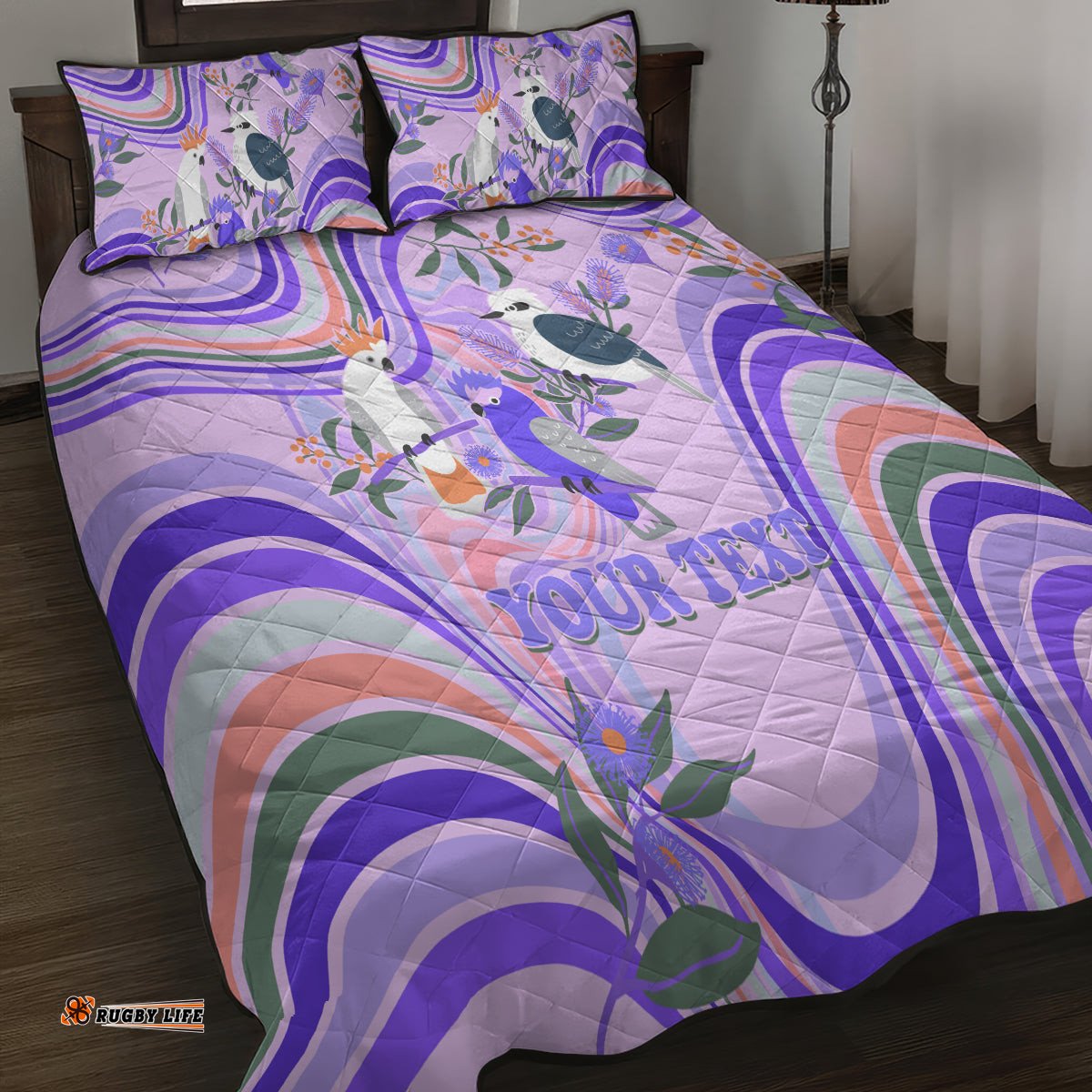 Personalised Australia Hippie Christmas Quilt Bed Set Cockatoo Kookaburra with Wattle Violet Pastel Color