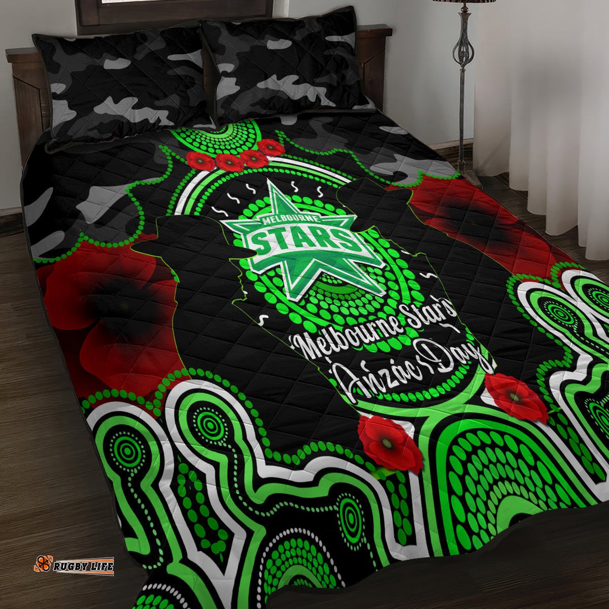 Melbourne Stars ANZAC 2024 Quilt Bed Set Lest We Forget Poppy Mix Camouflage