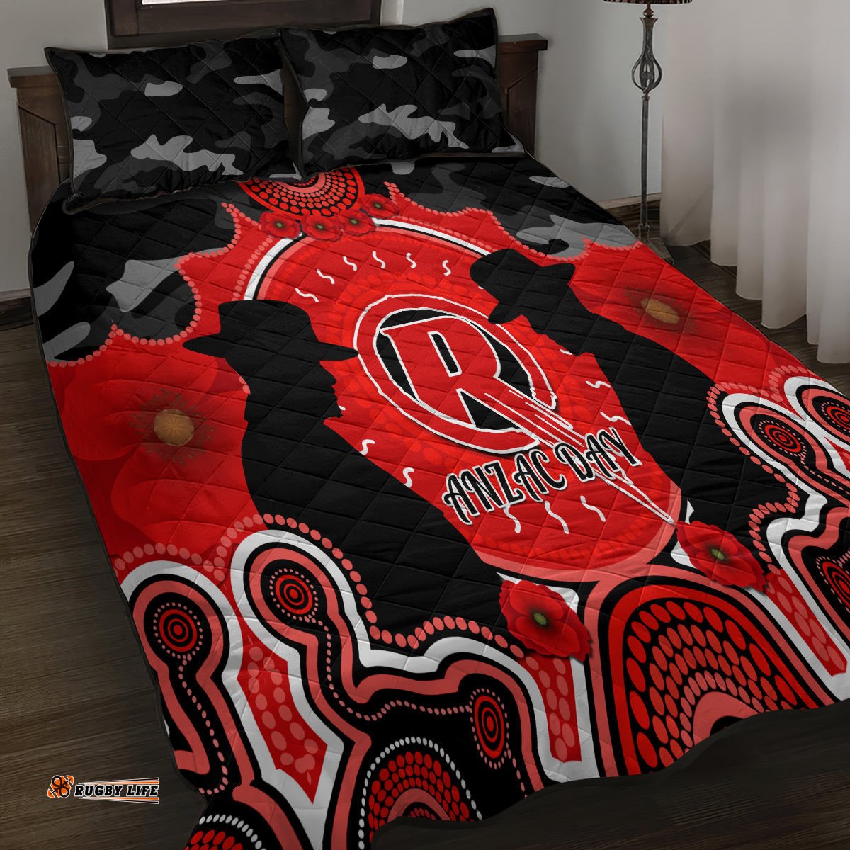 Melbourne Renegades ANZAC 2024 Quilt Bed Set Lest We Forget Poppy Mix Camouflage