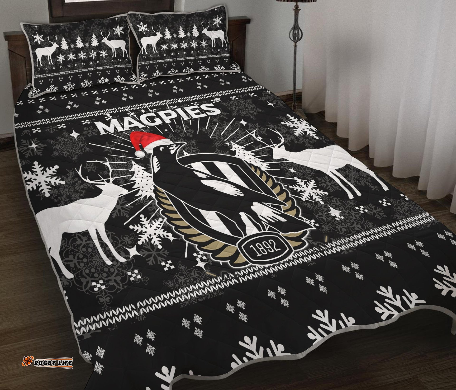 collingwood magpies quilt bed set christmas ugly style