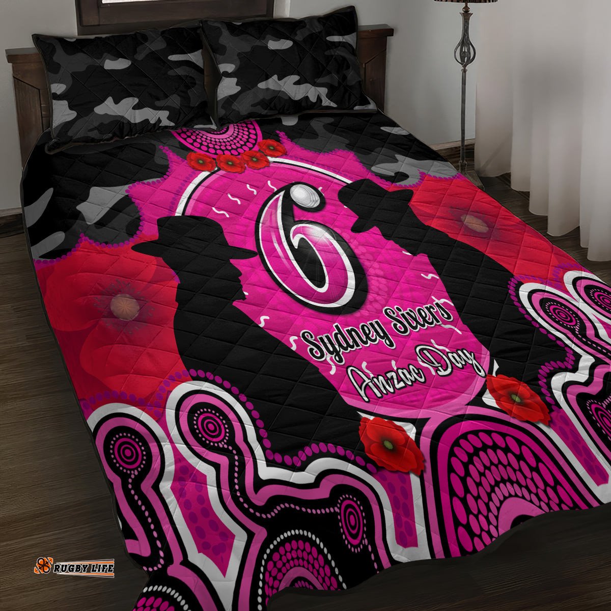 Sydney Sixers ANZAC 2024 Quilt Bed Set Lest We Forget Poppy Mix Camouflage