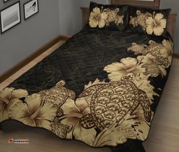 Hibiscus Plumeria Golden Turtle Quilt Bed Set