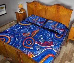 Aboriginal Quilt Bed Set Indigenous Footprint Patterns Blue Color