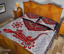 Aboriginal Quilt Bed Set Indigenous Boomerang and Lizard Art