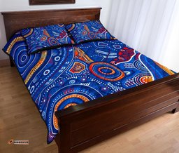 Custom Text Aboriginal Quilt Bed Set Indigenous Footprint Patterns Blue Color