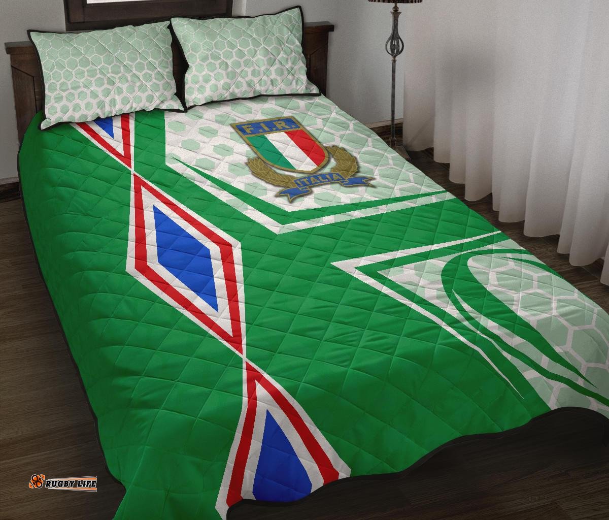 Italy Rugby Quilt Bed Set Gli Azzurri Vibes Green