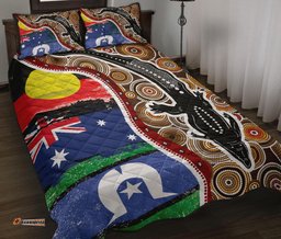 Aboriginal Quilt Bed Set Indigenous Crocodile With NAIDOC Flags