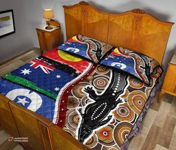 Aboriginal Quilt Bed Set Indigenous Crocodile With NAIDOC Flags
