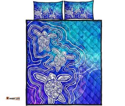 Aboriginal Quilt Bed Set Sea Turtle With Indigenous Patterns Blue