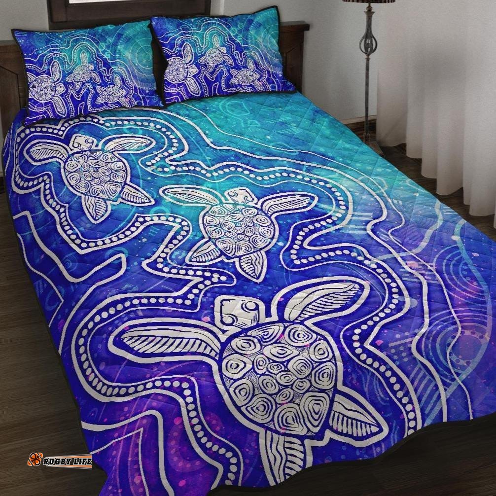 Aboriginal Quilt Bed Set Sea Turtle With Indigenous Patterns Blue
