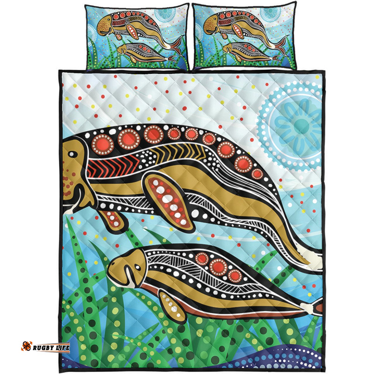 Amazing Aussie Australia Aboriginal Dugong Aboriginal Artwork With Mother And Baby Quilt Bed Set