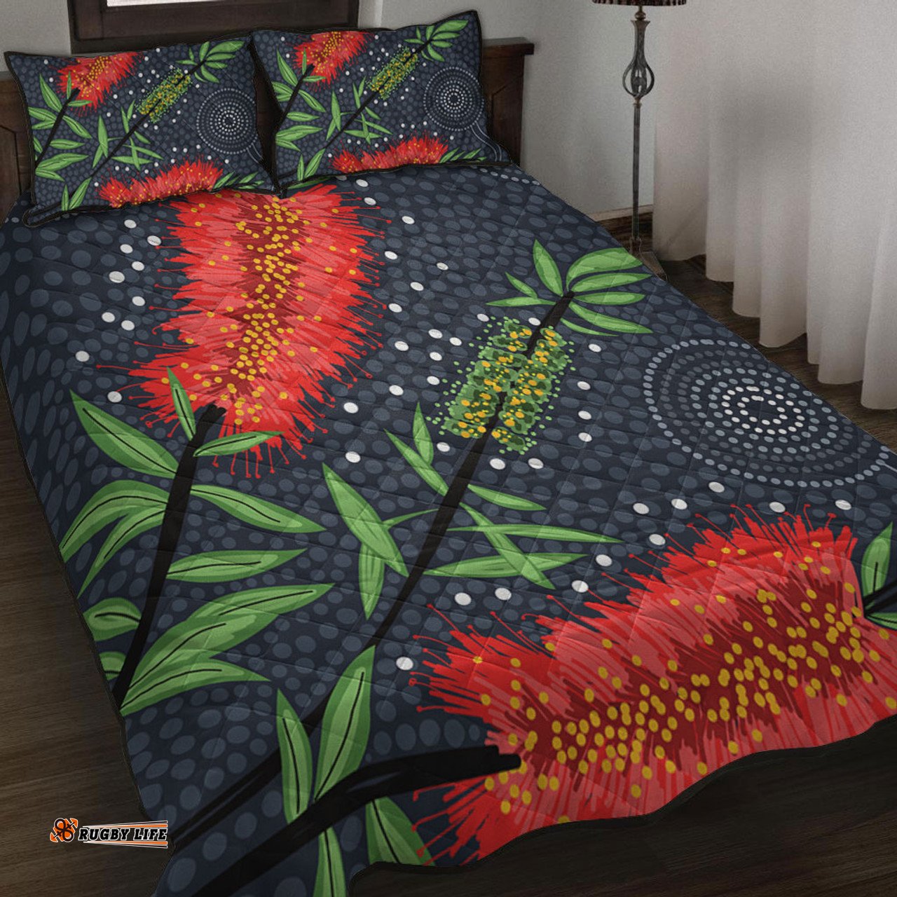 Amazing Aussie Australia Flowers Aboriginal Red Bottle Brush Tree Depicted In Aboriginal Style Quilt Bed Set