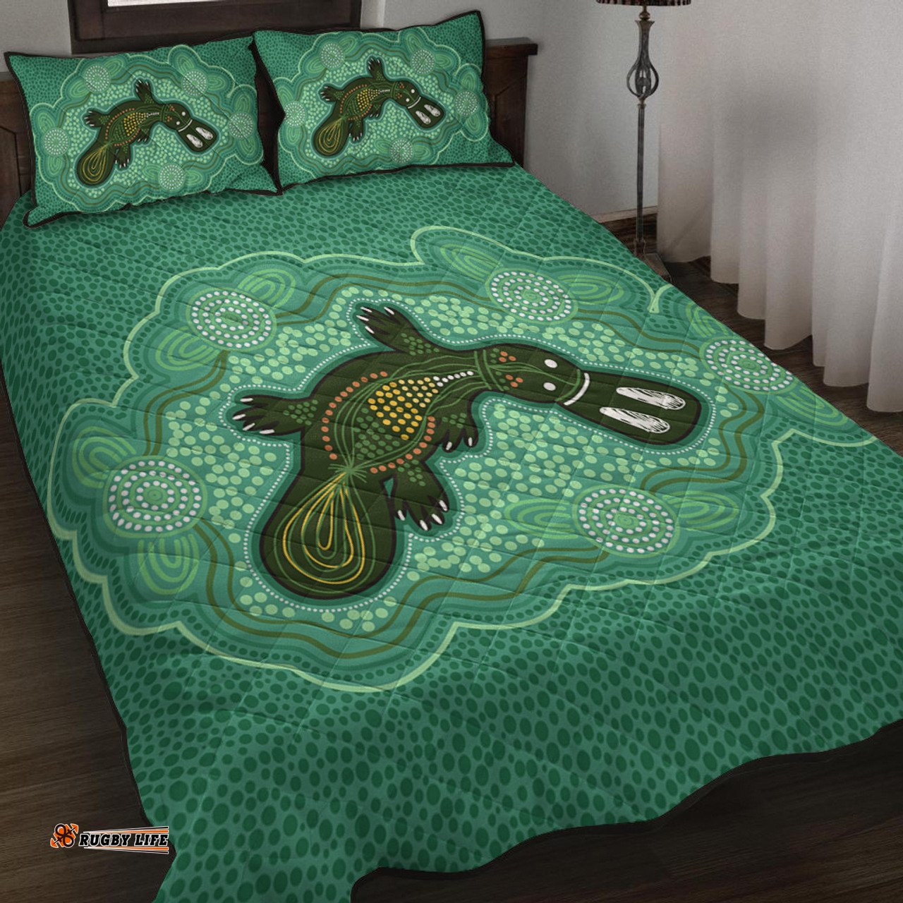 Amazing Aussie Australia Aboriginal Green Platypus Aboriginal Art Inspired Quilt Bed Set