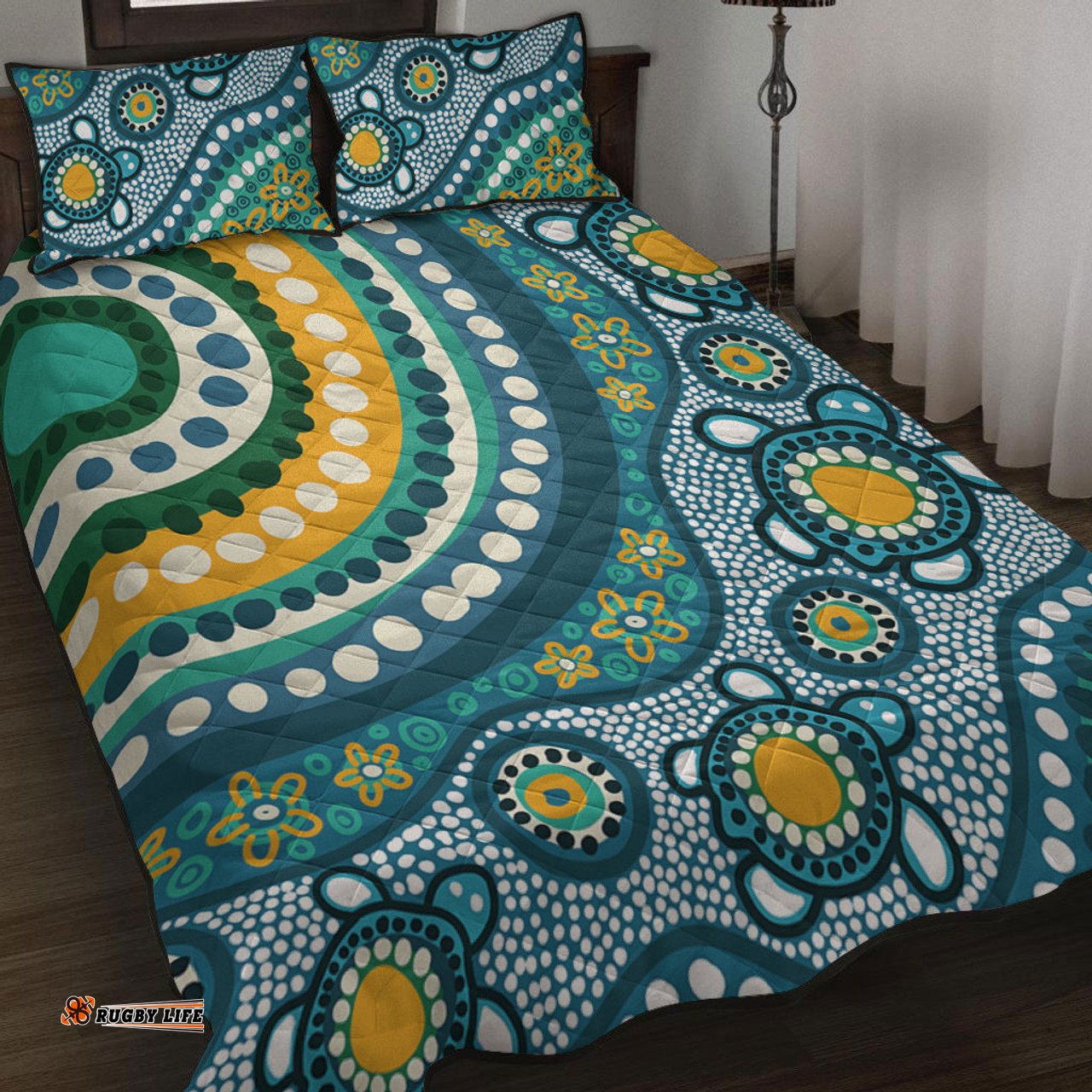 Amazing Aussie Australia Aboriginal Turquoise Aboriginal Dot Art With Turtle  Quilt Bed Set