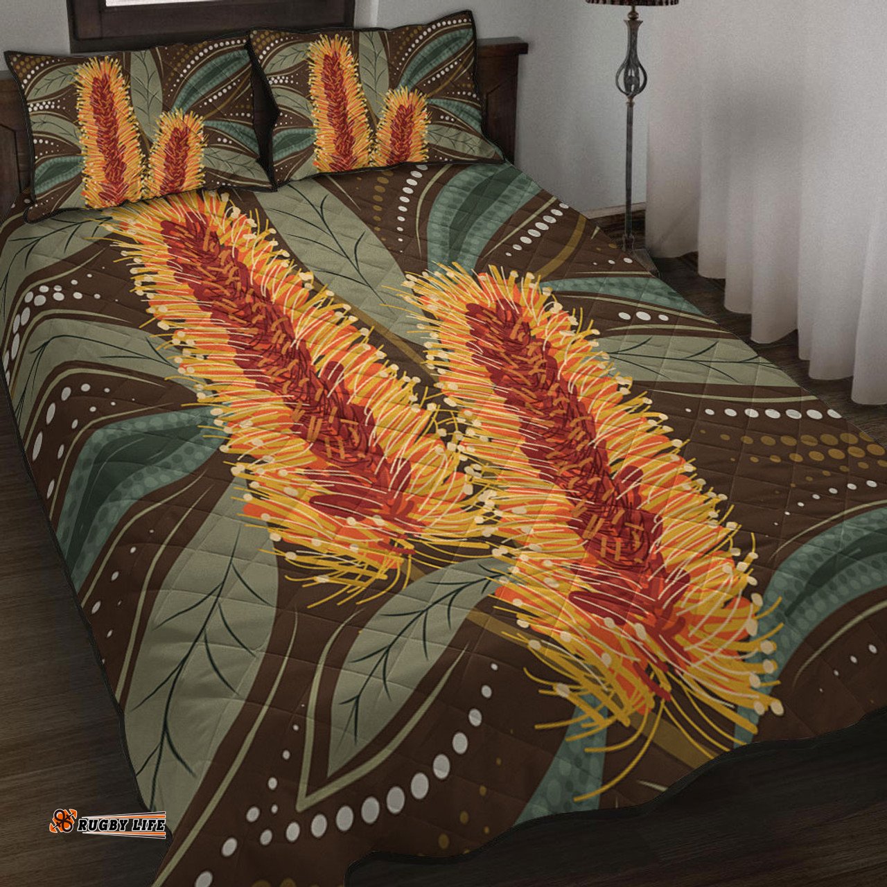 Amazing Aussie Australia Flowers Aboriginal Aboriginal Dot Art With Yellow Banksia Flower Quilt Bed Set