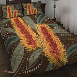 Amazing Aussie Australia Flowers Aboriginal Aboriginal Dot Art With Yellow Banksia Flower Quilt Bed Set