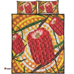 Amazing Aussie Australia Flowers Aboriginal Aboriginal Dot Painting With Red Banksia Flower Quilt Bed Set