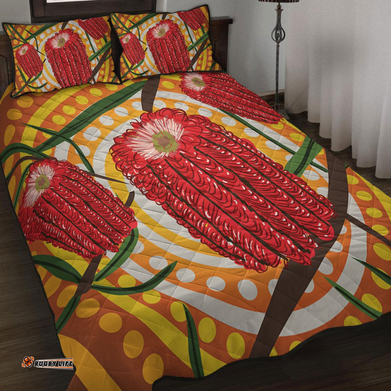 Amazing Aussie Australia Flowers Aboriginal Aboriginal Dot Painting With Red Banksia Flower Quilt Bed Set