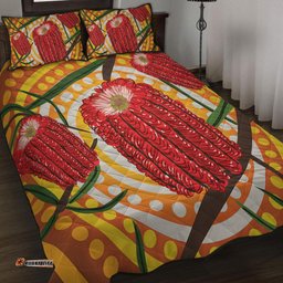 Amazing Aussie Australia Flowers Aboriginal Aboriginal Dot Painting With Red Banksia Flower Quilt Bed Set