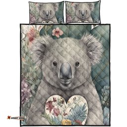 Amazing Aussie Australia Koala Koala Holding A Heart Adorned With Flowers Quilt Bed Set
