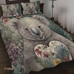 Amazing Aussie Australia Koala Koala Holding A Heart Adorned With Flowers Quilt Bed Set