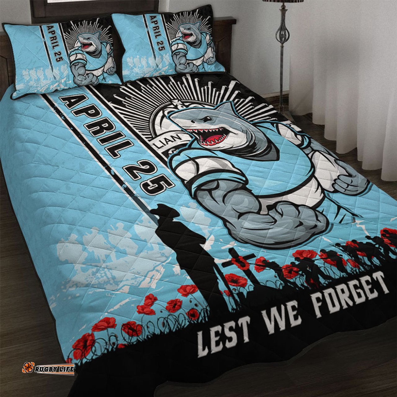 Amazing Aussie Cronulla Sutherland Sharks Anzac Day Lest We Forget Strong Fighting Spirit Quilt Bed Set