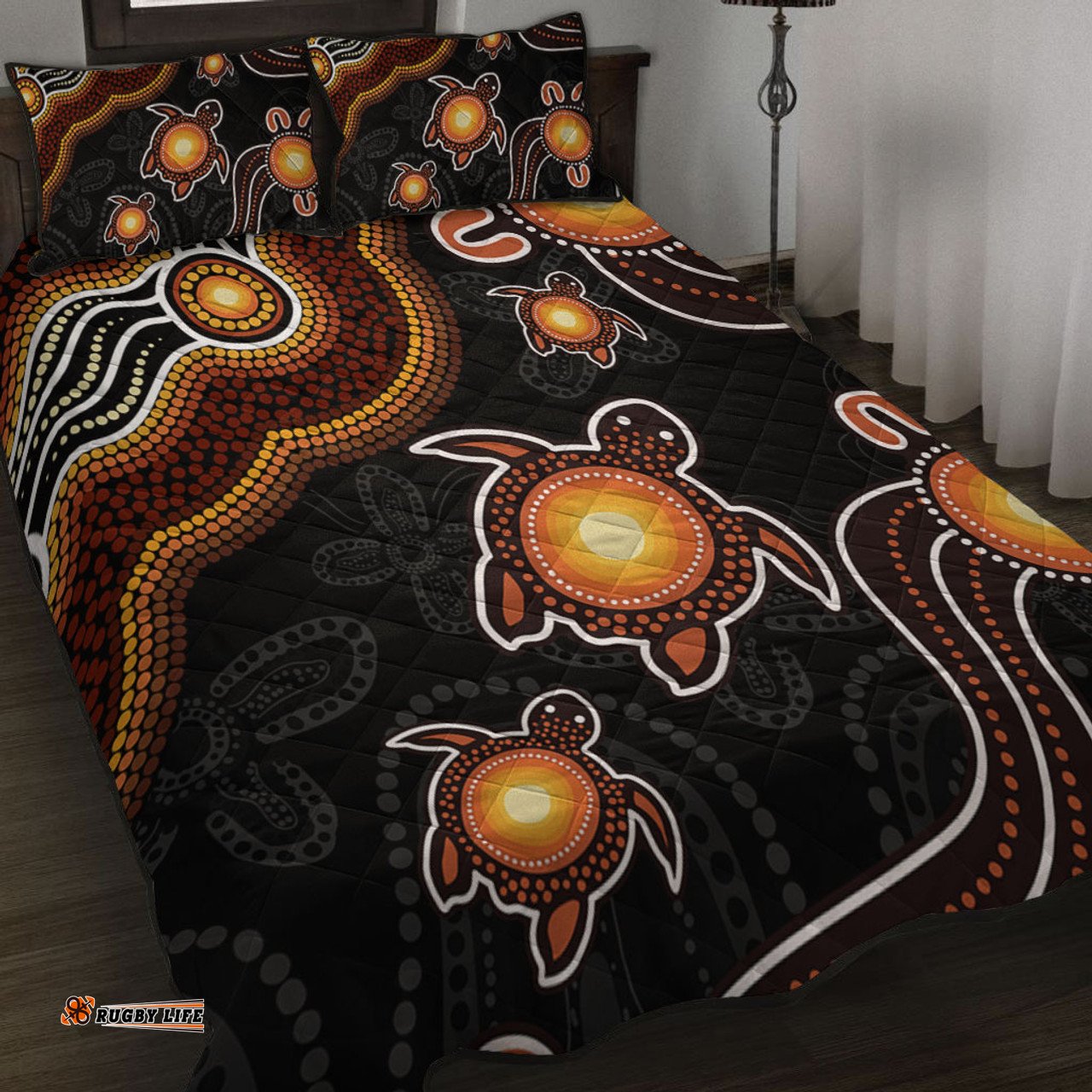 Amazing Aussie Australia Aboriginal Turtle Dreaming Journey Featuring Dot Art Orange Quilt Bed Set