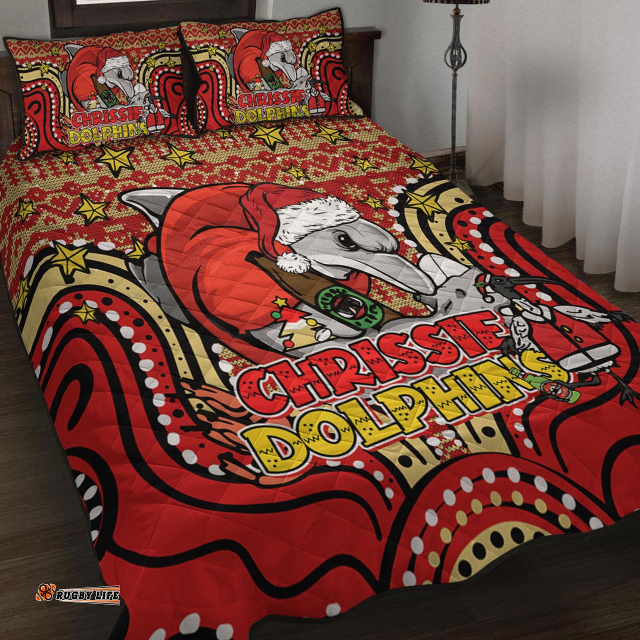 Amazing Aussie Redcliffe Dolphins Christmas Custom Christmas Knit Patterns Vintage Jersey Ugly Quilt Bed Set