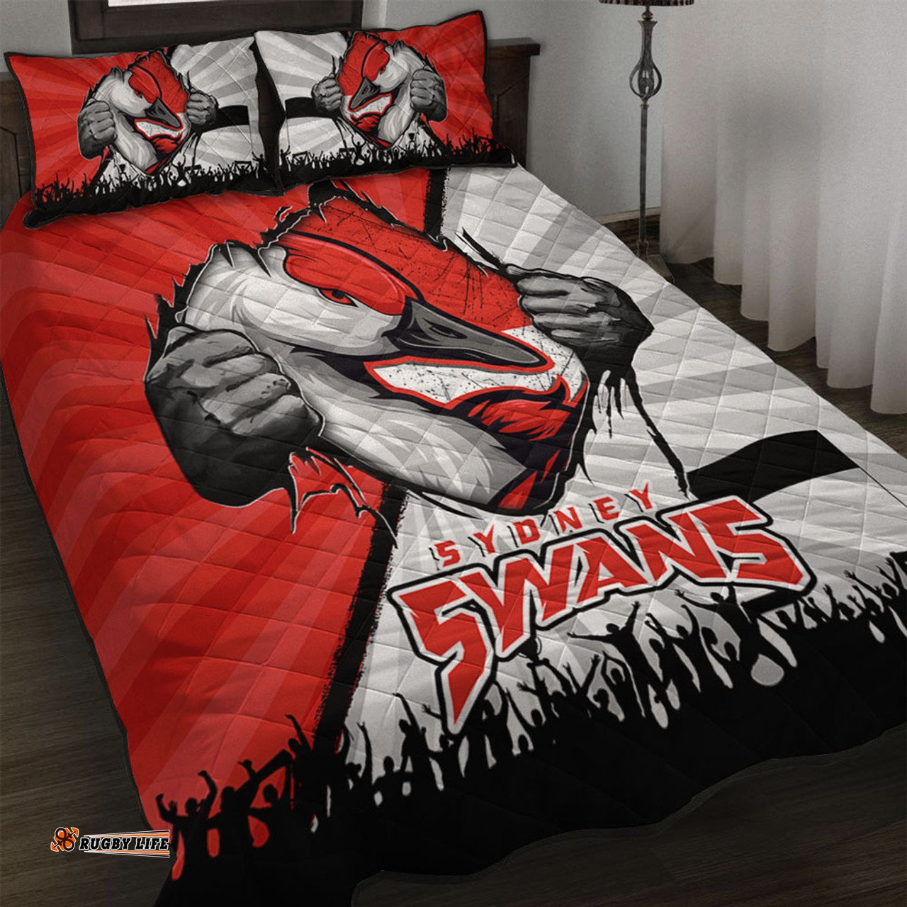 Amazing Aussie Sydney Swans Breaking Through Fan Design Quilt Bed Set