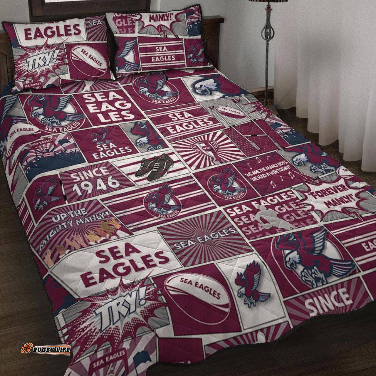 Amazing Aussie Manly Warringah Sea Eagles Team Of Us Die Hard Fan Supporters Comic Style Quilt Bed Set