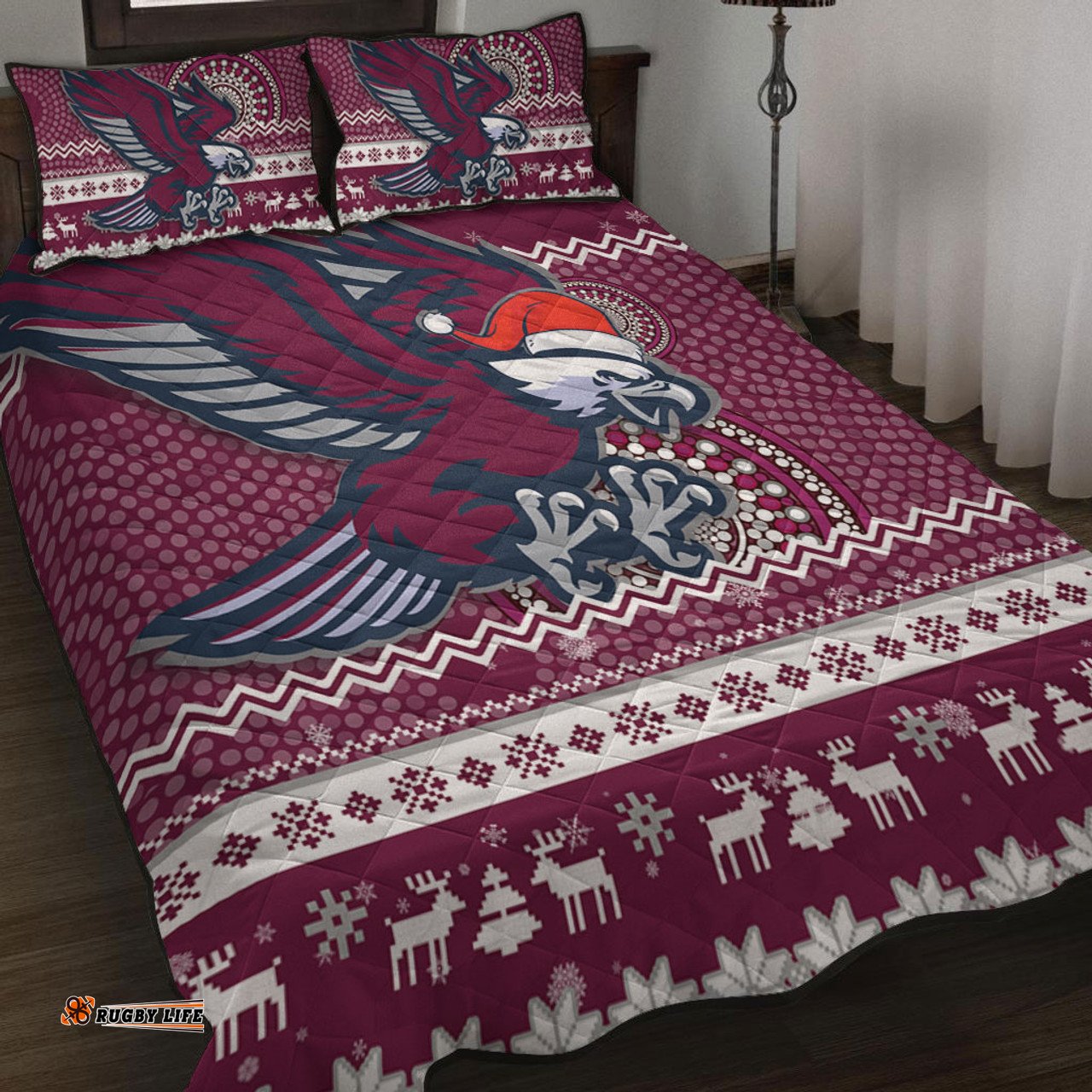 Amazing Aussie Manly Warringah Sea Eagles Australia Ugly Xmas With Aboriginal Patterns For Die Hard Fans Quilt Bed Set