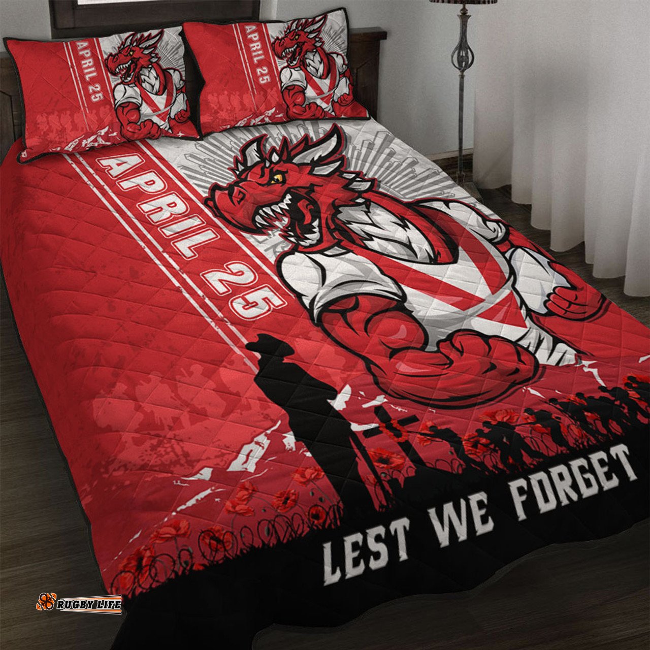 Amazing Aussie St. George Illawarra Dragons Anzac Day Lest We Forget Strong Fighting Spirit Quilt Bed Set
