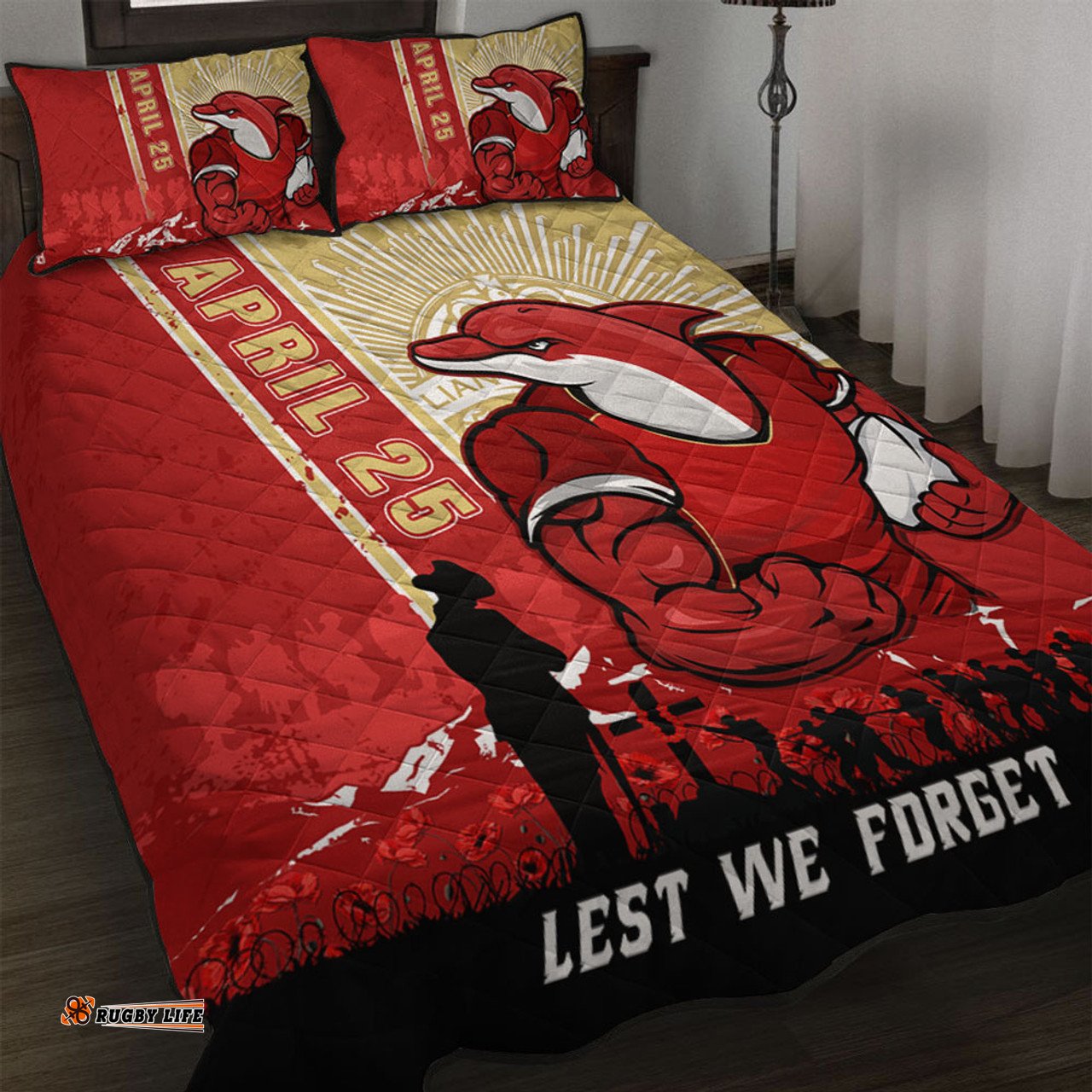 Amazing Aussie Redcliffe Dolphins Anzac Day Lest We Forget Strong Fighting Spirit Quilt Bed Set