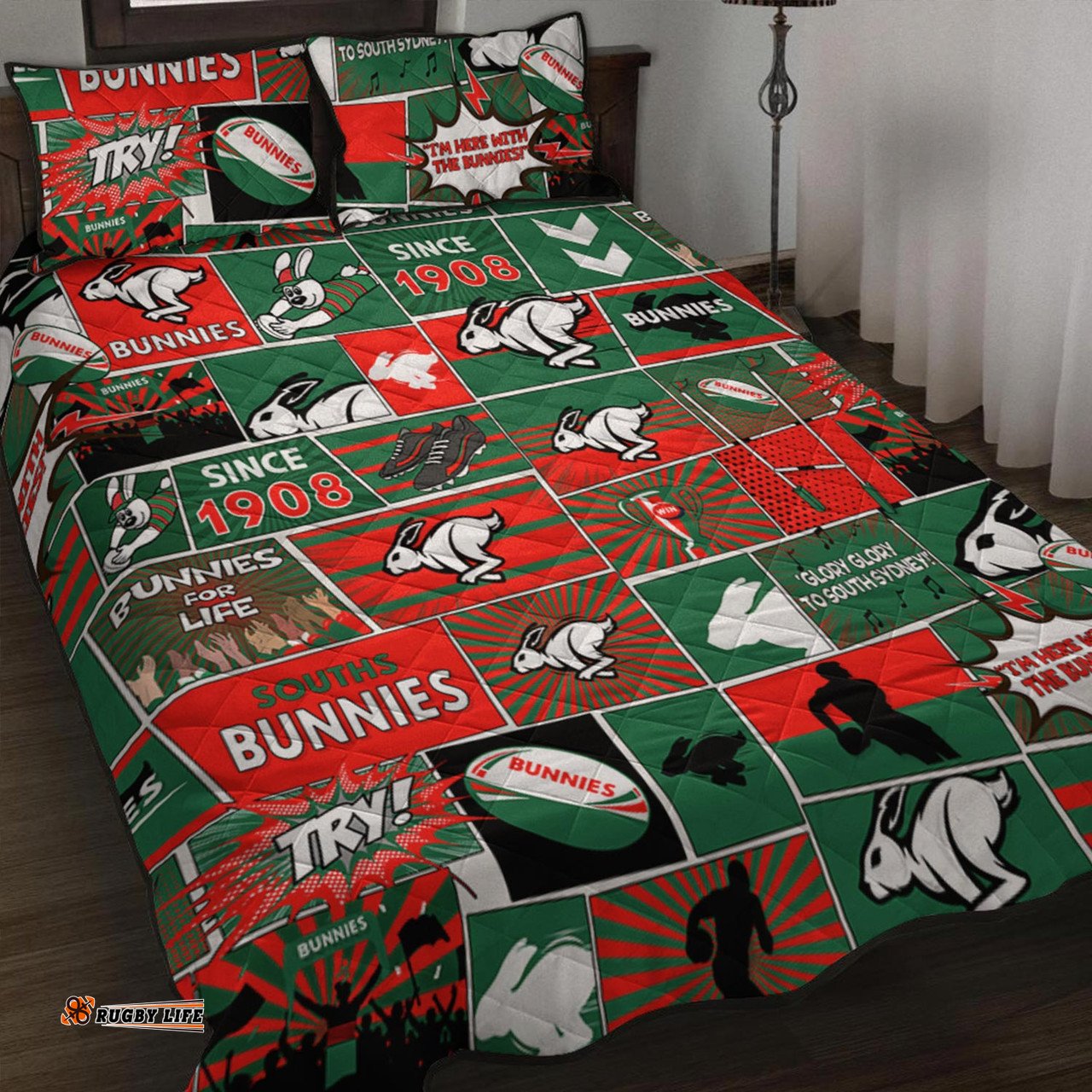 Amazing Aussie South Sydney Rabbitohs Team Of Us Die Hard Fan Supporters Comic Style Quilt Bed Set