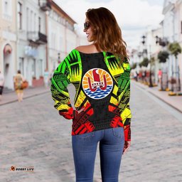 Tahiti Women's Off Shoulder Sweater - Polynesian Tattoo Reggae - Bn0110