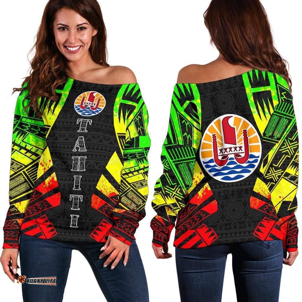 Tahiti Women's Off Shoulder Sweater - Polynesian Tattoo Reggae - Bn0110