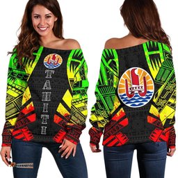 Tahiti Women's Off Shoulder Sweater - Polynesian Tattoo Reggae - Bn0110
