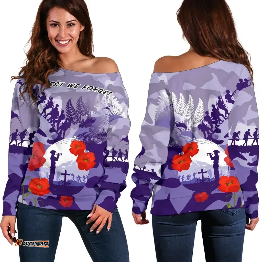 Fern and Camouflage Anzac Lest We Forget Off Shoulder Sweater K13