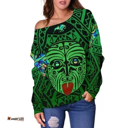 Integrity Maori Ta Moko Women Off Shoulder Sweater Kiwi and Paua Green K13