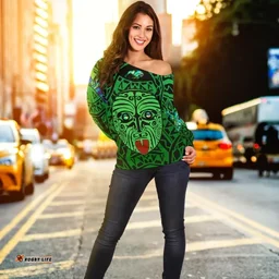 Integrity Maori Ta Moko Women Off Shoulder Sweater Kiwi and Paua Green K13